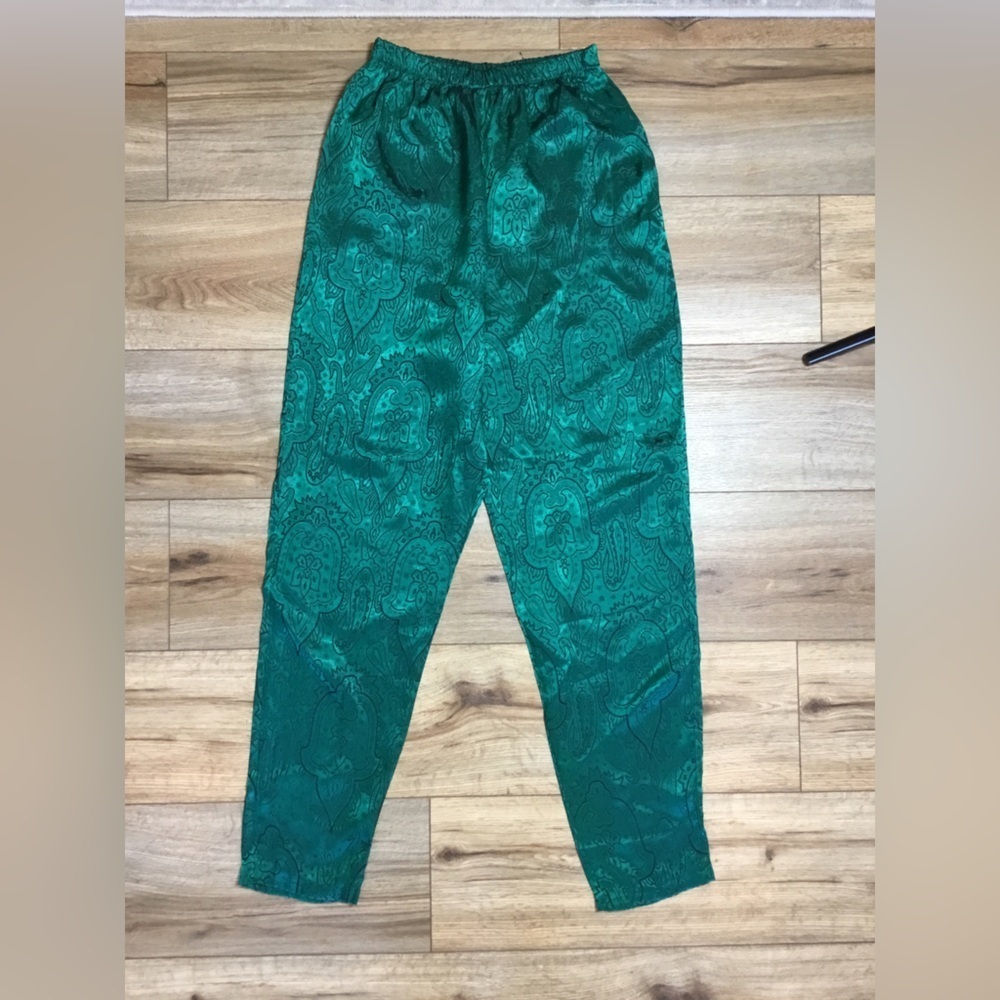 Vintage Victorian emerald green satin paisley print pajama lounge pants